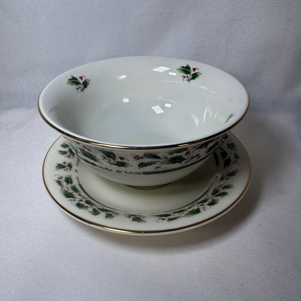Royal Limited Holly Holiday Bowl and Saucer Set Fine China Japan Gold Rim